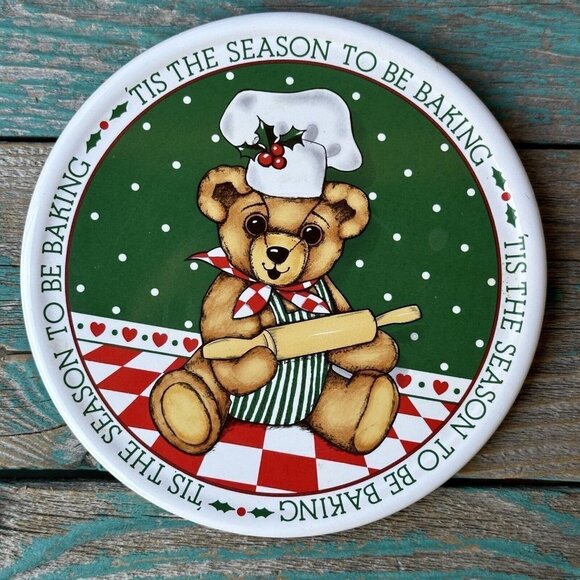 Renaissance Cards Wall Plate Christmas Teddy Bear Holiday Baking Japan 6" VTG - Picture 1 of 8